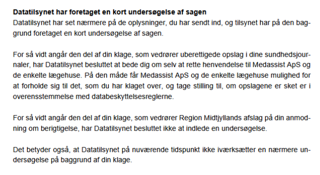 Datatilsynets officielle afgørelse underskrevet af Christine Børrum – dokumenterer afvisning af klage om ulovlig dataadgang i Fælles Medicinkort og berigtigelse af falsk diagnose