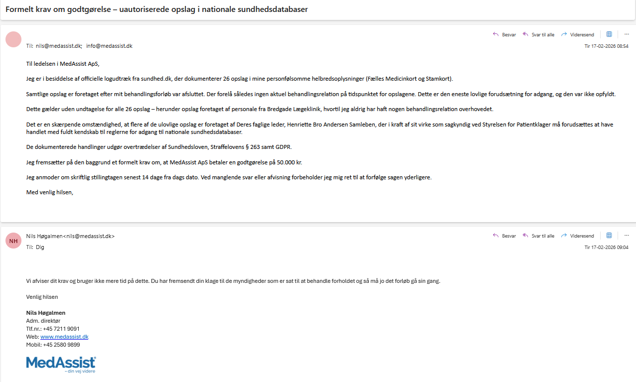 Nils Birger Høgalmen MedAssist ApS afviser formelt krav dokumenteret Sundhedsloven 157 brud ulovlige FMK opslag 10 minutter email